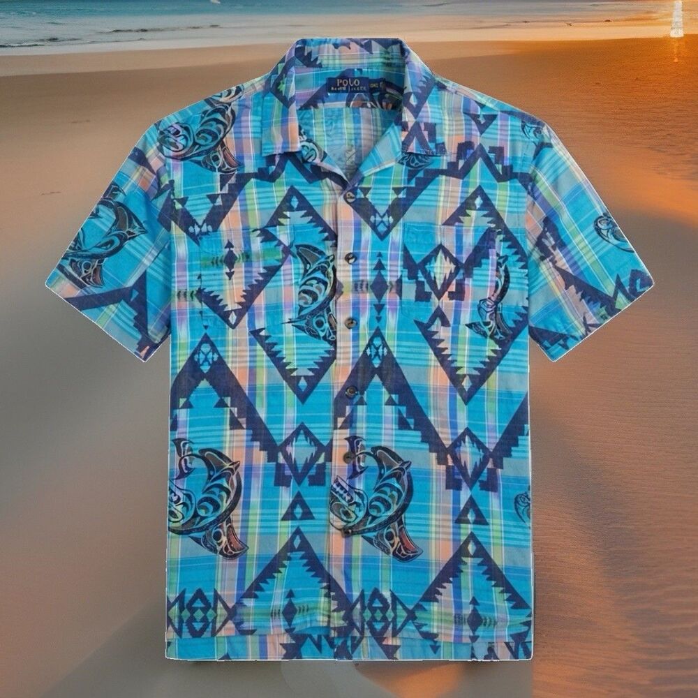 Polo Ralph Lauren Hawaiian Shirt Mens XL Blue Aztec Cotton Beach Plaid Shark EUC